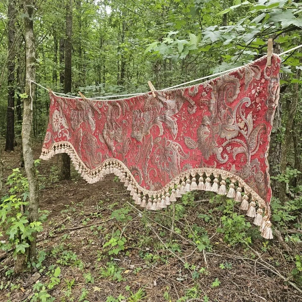 Vintage 1980s Ornate Paisley Damask Window Valance with Gold Tassel Trim